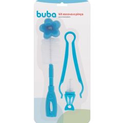 Kit Escova E Pinça Para Mamadeira Azul Buba